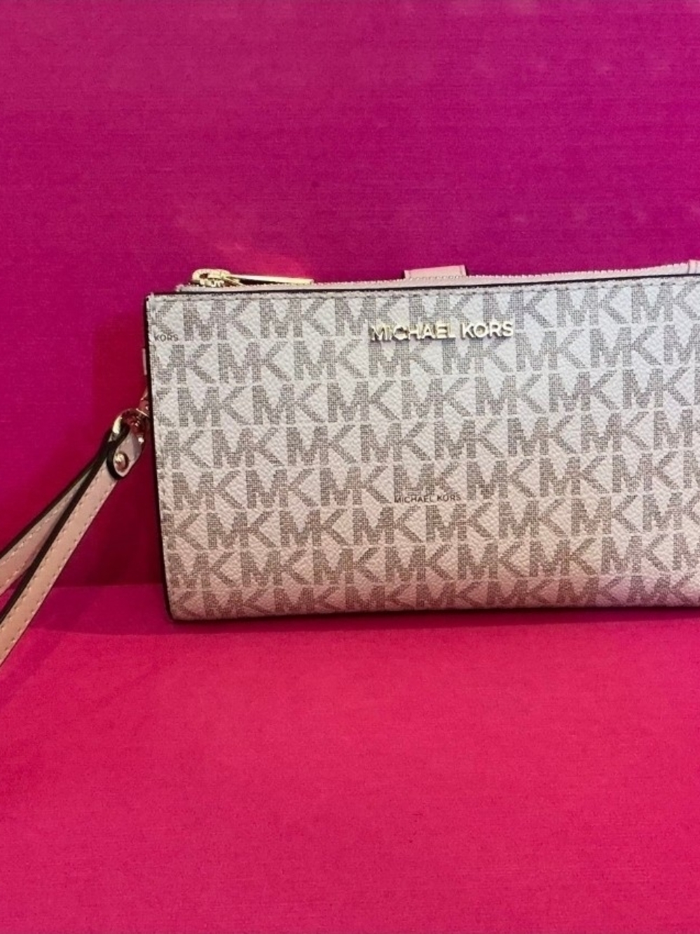 Michael Kors Signature Logo Wristlet in Light Beige And Pink with Gold Hardware